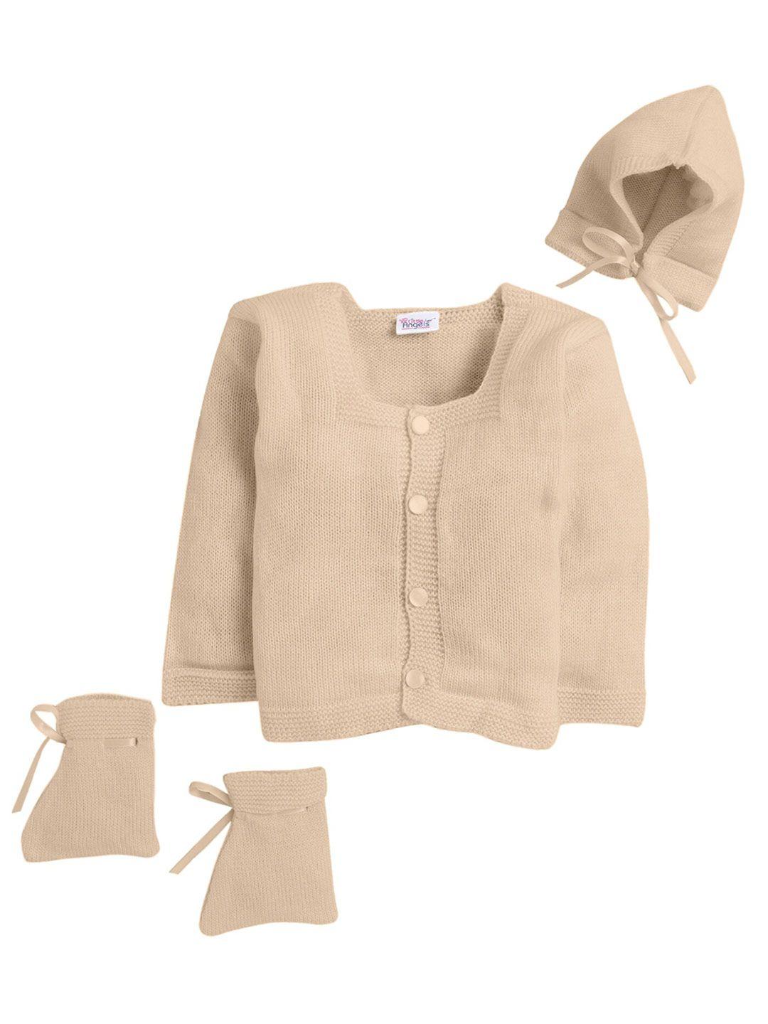 little angels unisex kids peach-coloured ribbed cardigan set with cap & socks