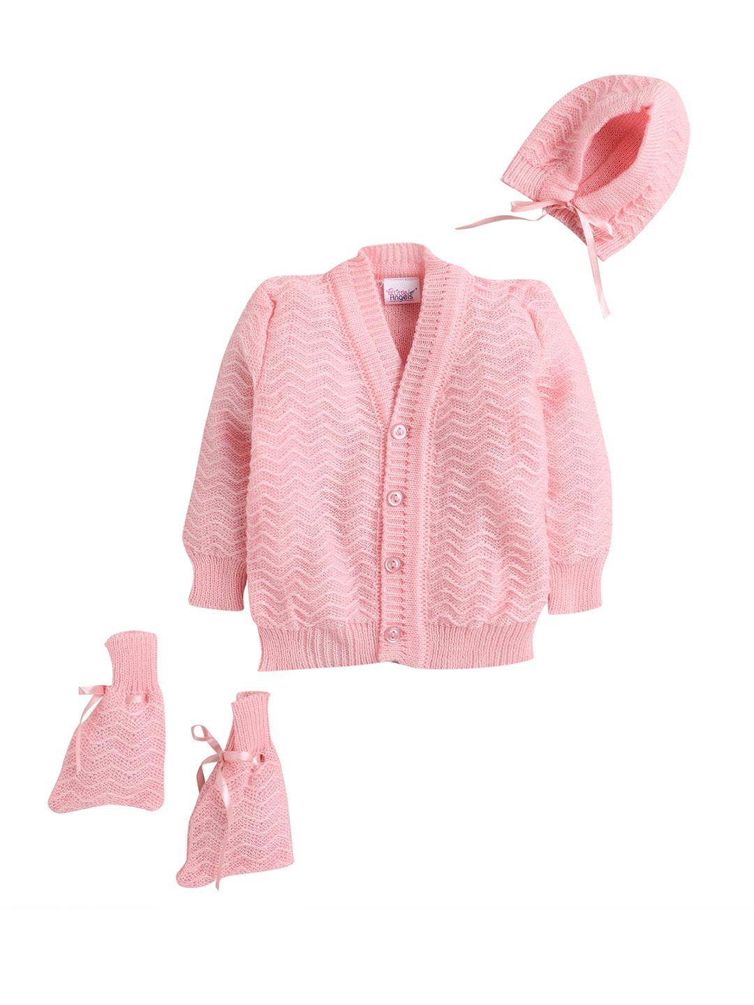little angels unisex kids peach-coloured self design cardigan sweater set
