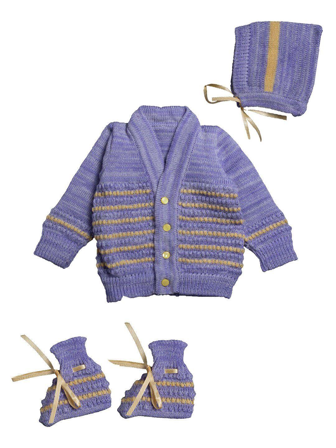 little angels unisex kids purple & yellow striped cardigan with cap and socks