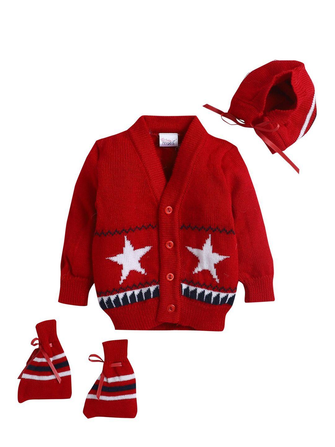 little angels unisex kids red & white cardigan with matching cap and socks