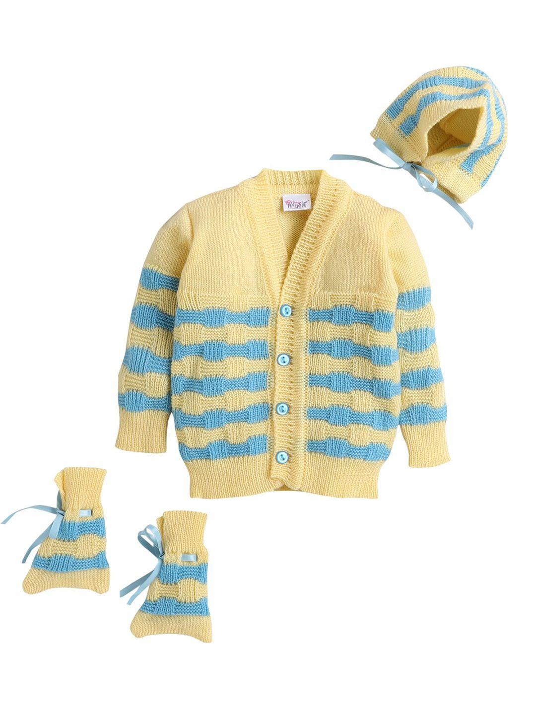 little angels unisex kids yellow & blue striped cardigan matching cap and socks