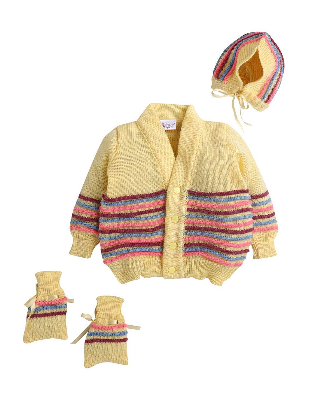 little angels unisex kids yellow & blue striped cardigan with matching cap and socks