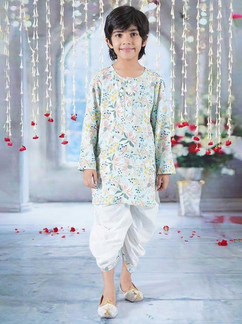 little bansi blue & white cotton floral print full sleeves kurta set