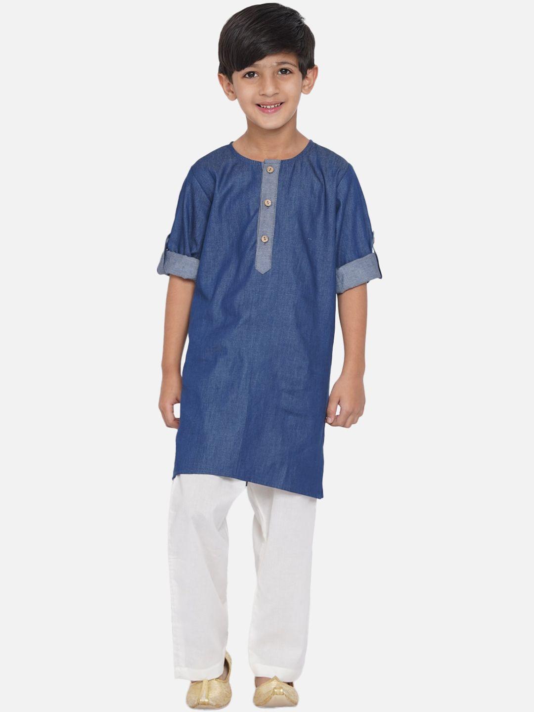 little bansi boys blue & white denim kurta with pyjamas