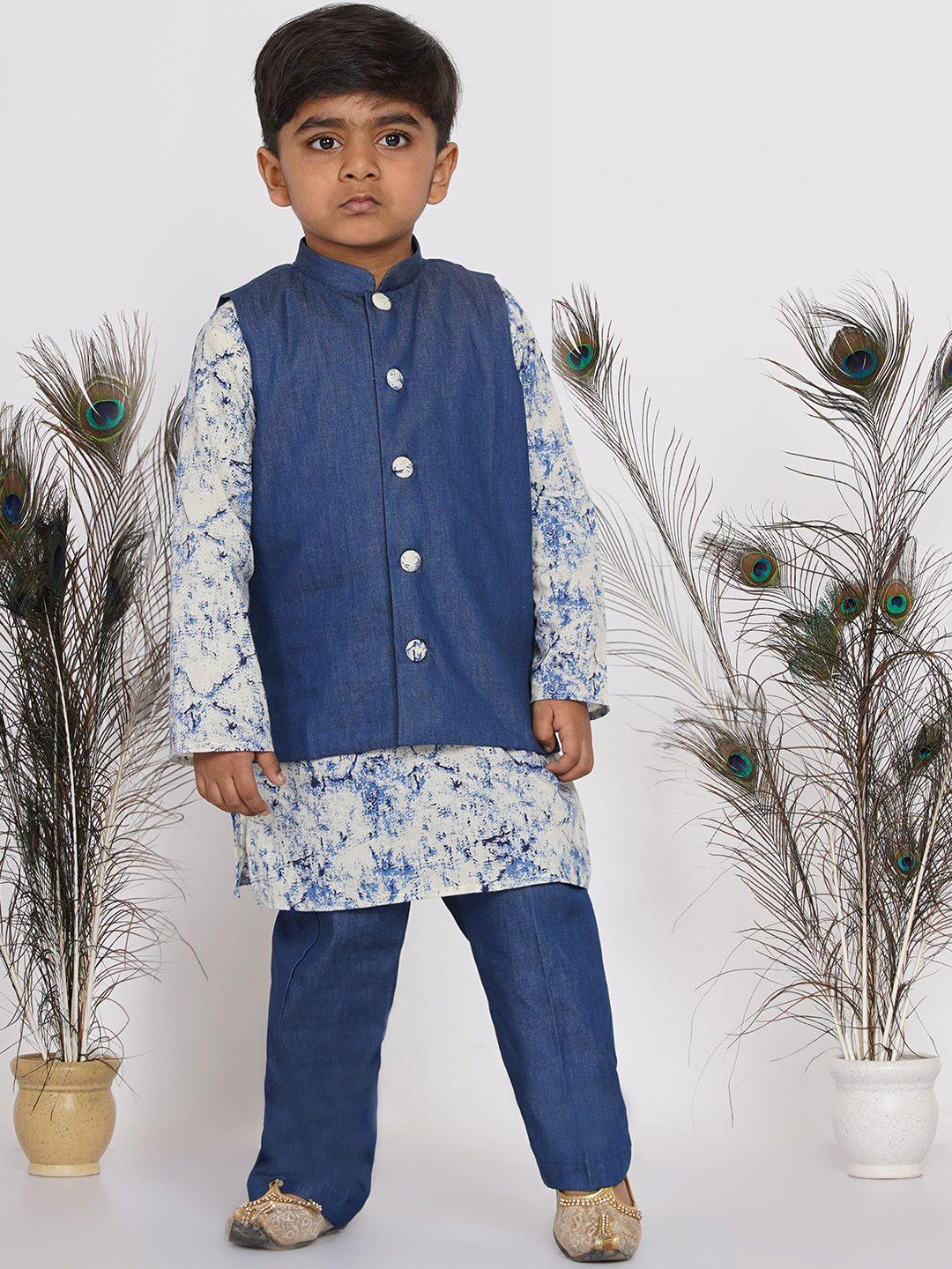 little bansi boys blue ethnic motifs dyed pure cotton kurta with pyjamas & nehru jacket