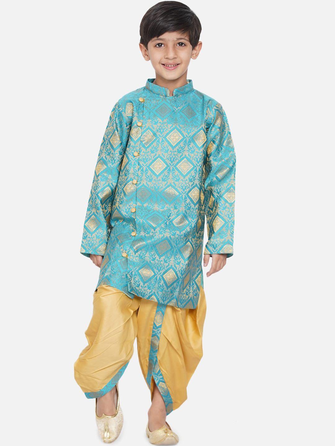 little bansi boys blue printed angrakha kurta with dhoti pants