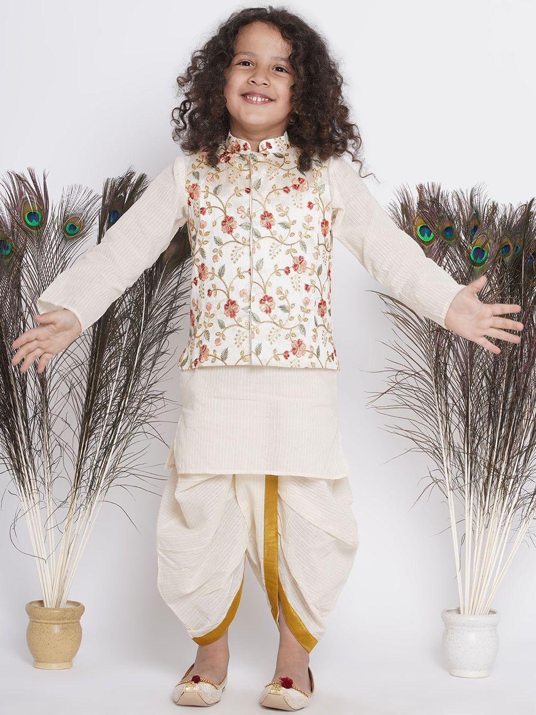little bansi boys floral embroidered pure cotton kurta with dhoti pants & jacket