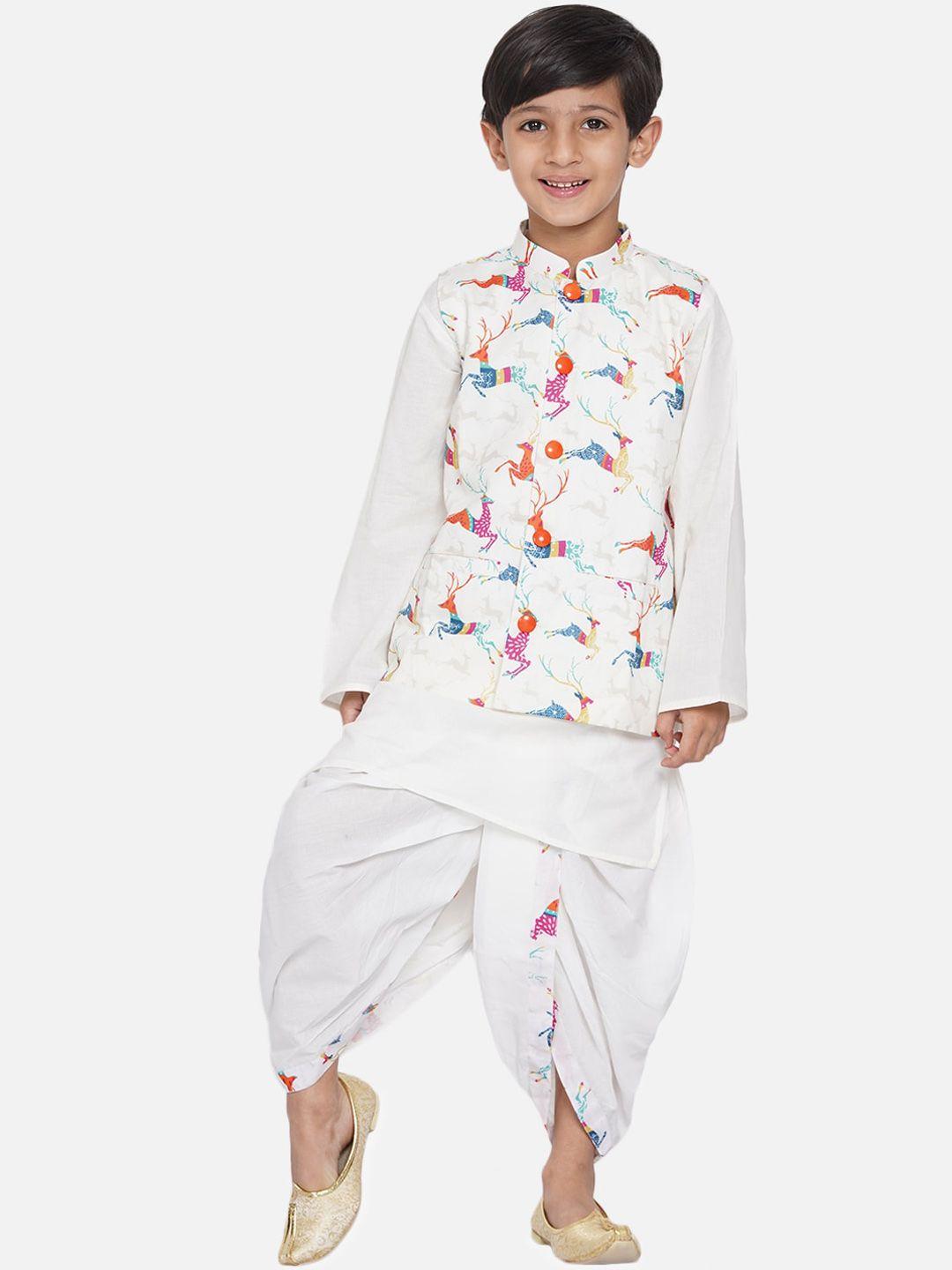little bansi boys off white animal printed layered kurta with dhoti pants & jacket