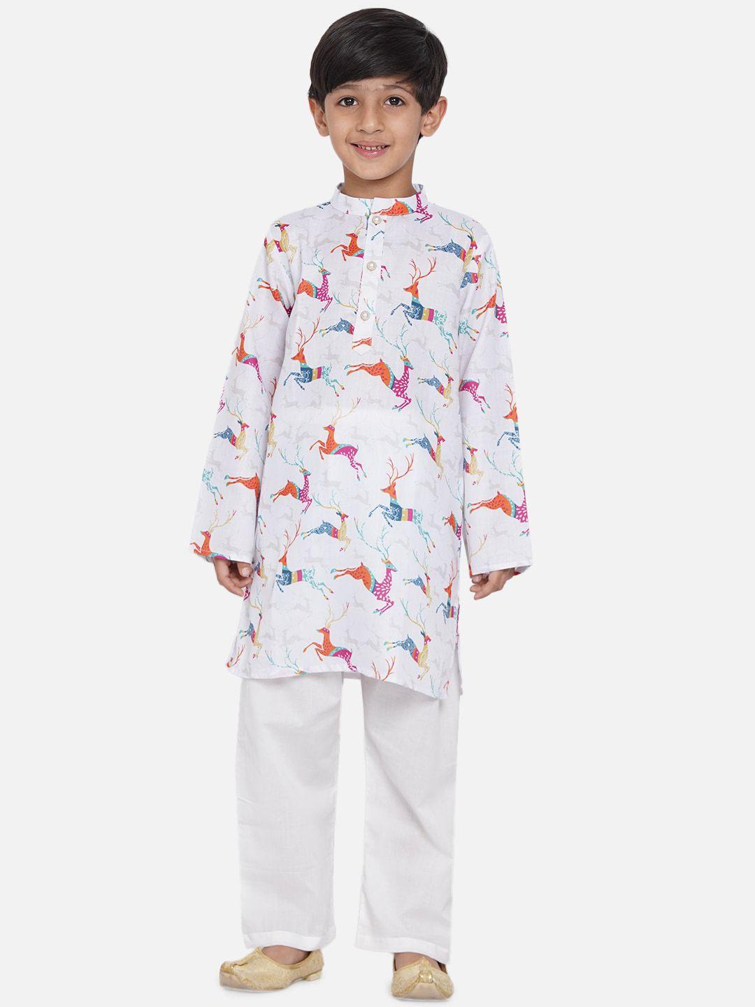 little bansi boys off white ethnic motifs deer printed kurta with pyjamas