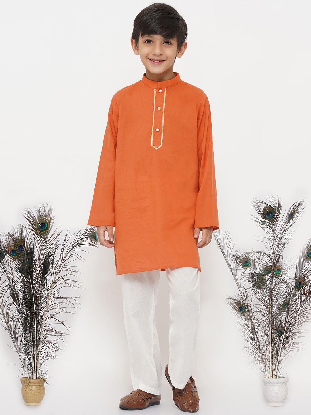 little bansi boys orange & white pure cotton kurta with pyjama