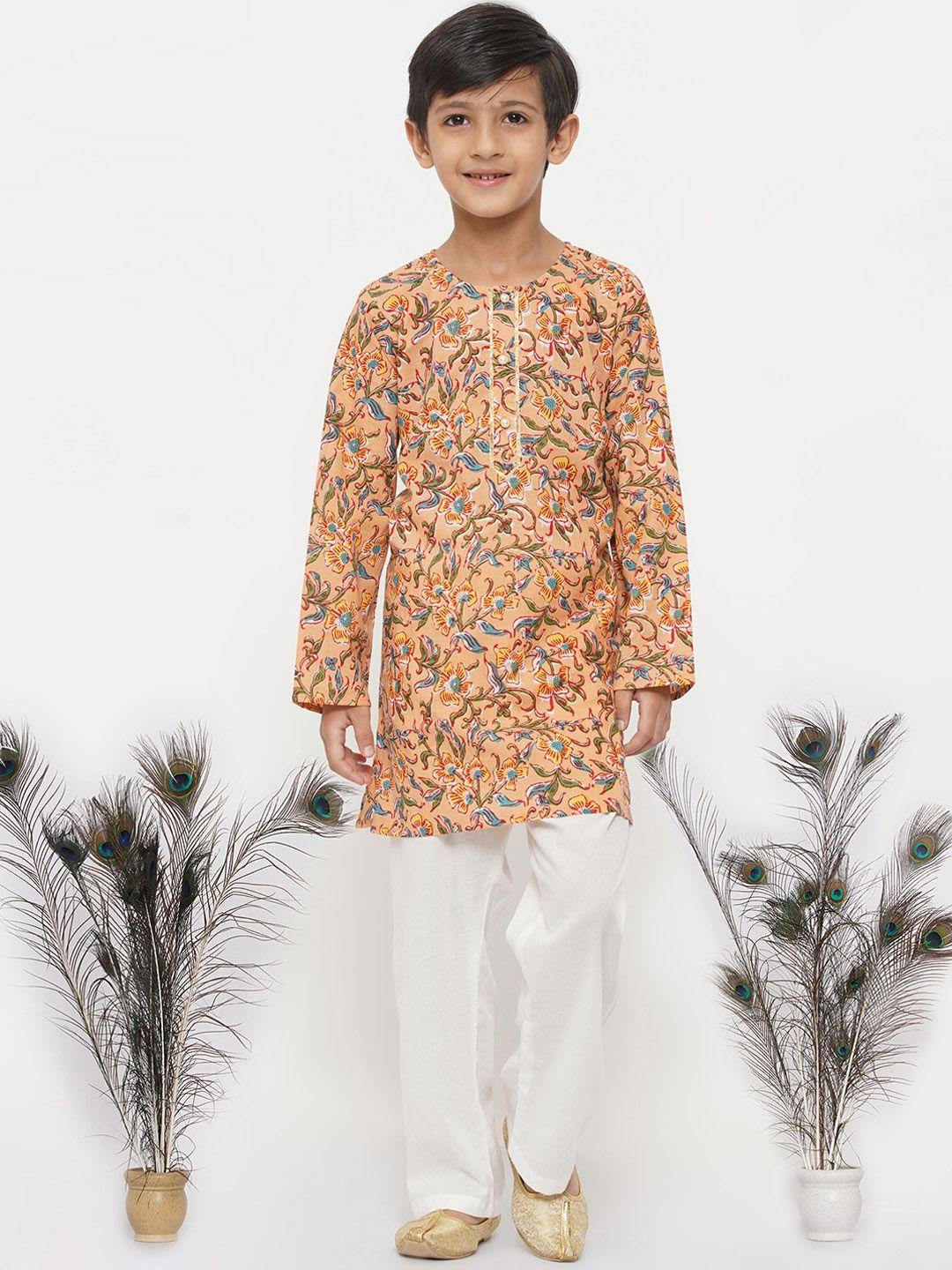 little bansi boys orange printed pure cotton kurta with trouser