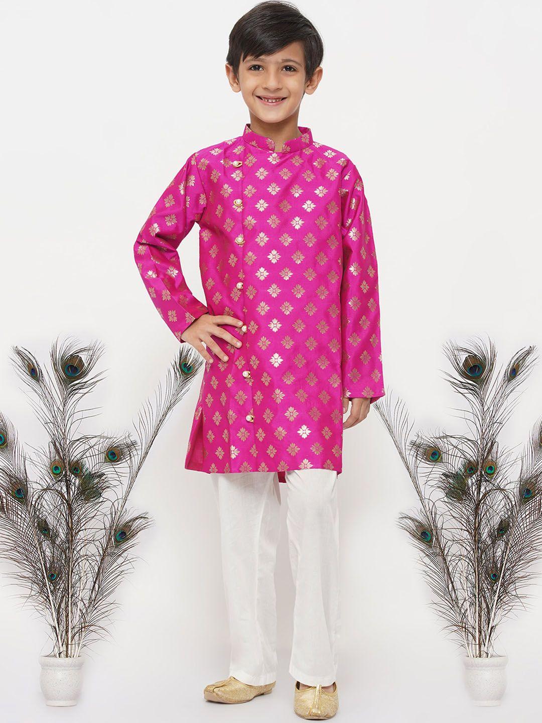 little bansi boys pink floral embroidered pure silk kurta with pyjamas
