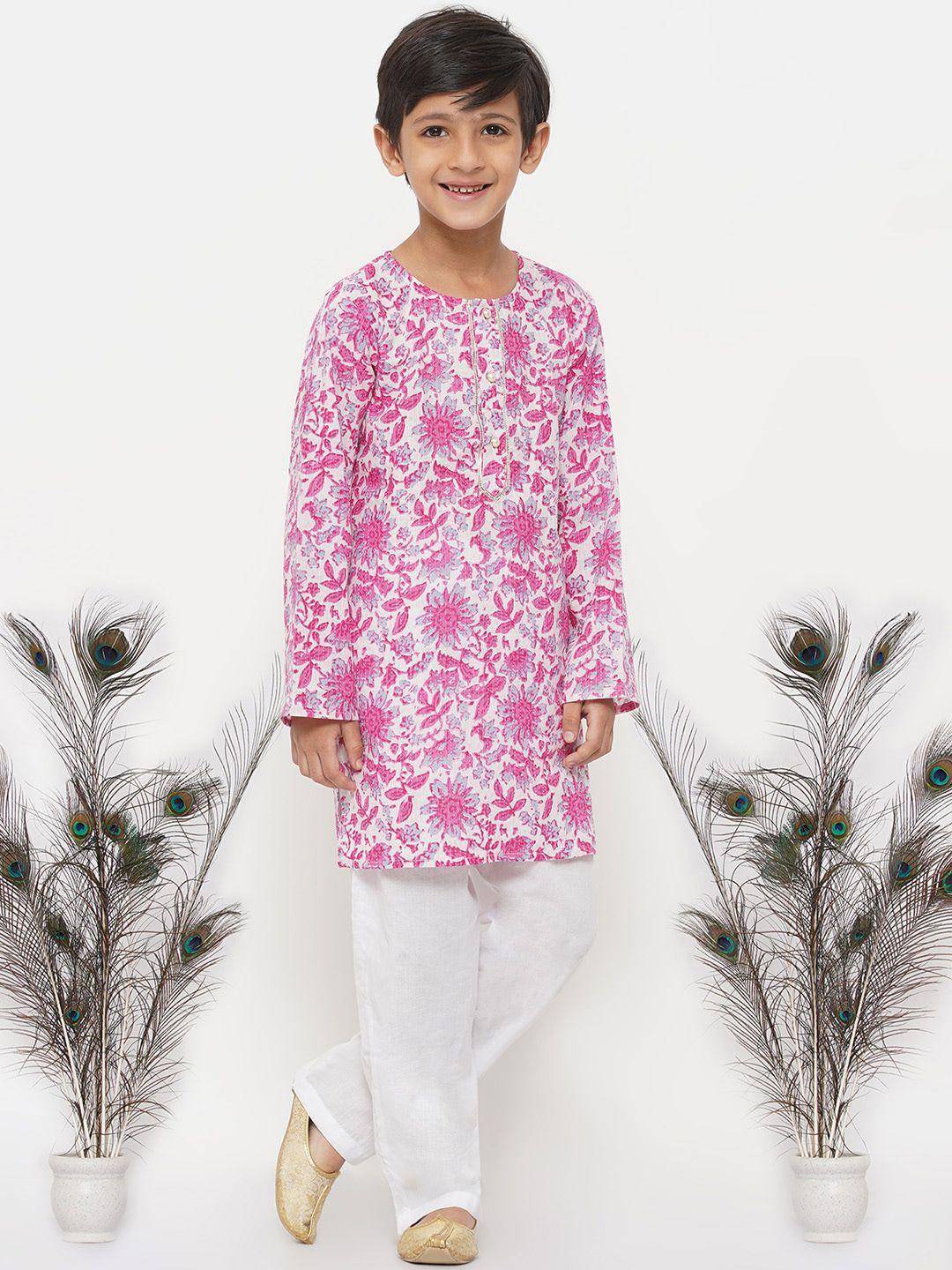little bansi boys pink printed thread work pure cotton kurta with pyjama