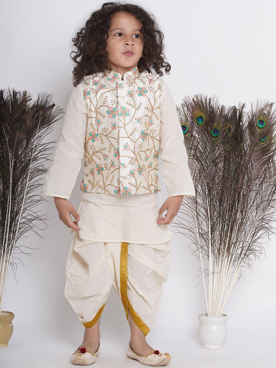 little bansi boys striped kantha work pure cotton kurta with pyjamas & jacket