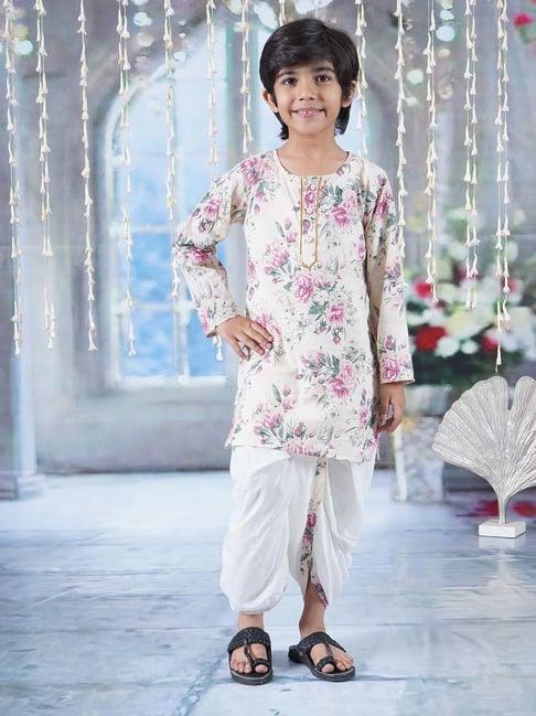 little bansi cream & lilac cotton floral print full sleeves kurta set