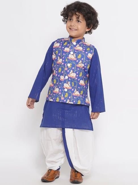 little bansi kids blue & white printed full sleeves kurta, dhoti with jacket