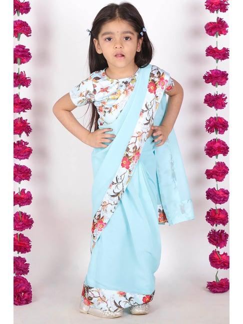 little bansi kids blue & white printed saree with blouse