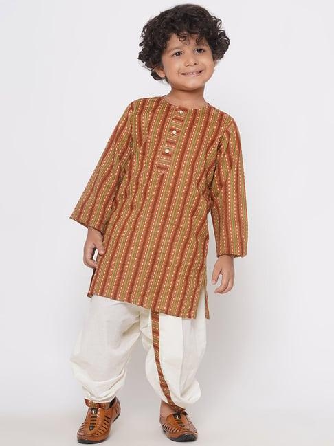little bansi kids brown & white striped full sleeves kurta with dhoti