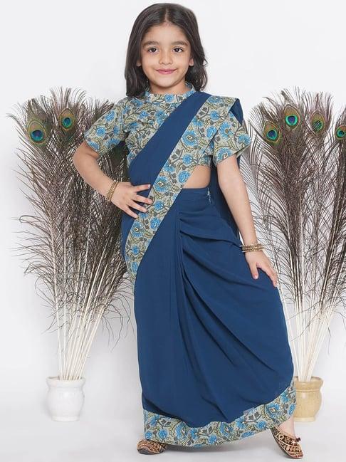 little bansi kids dark blue floral print saree with blouse