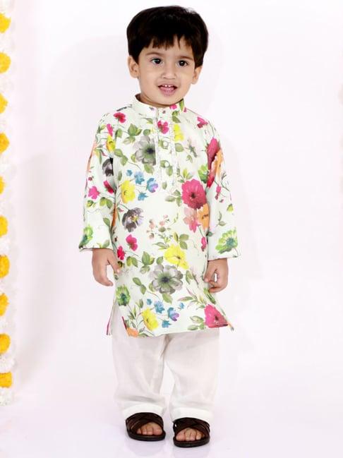 little bansi kids green floral print kurta set