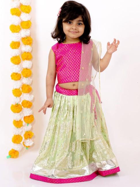 little bansi kids pink & green embellished kurta lehenga set