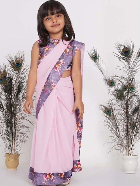 little bansi kids pink & grey floral print saree with blouse