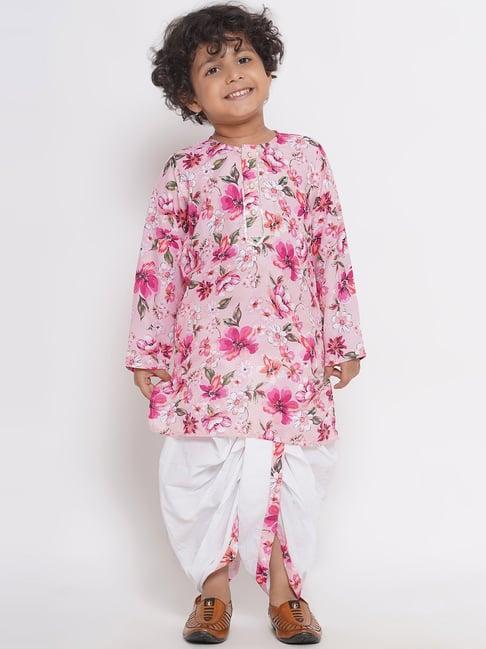 little bansi kids pink & white floral print kurta with dhoti