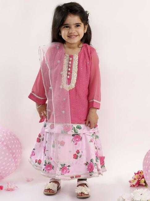 little bansi kids pink floral print kurta lehenga set