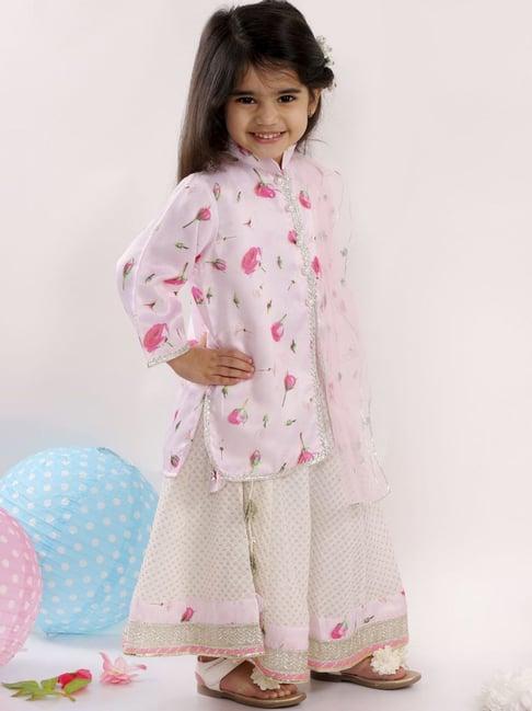 little bansi kids pink floral print kurta lehenga set