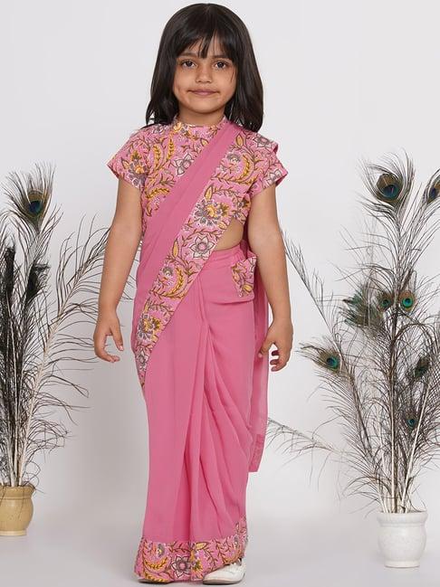 little bansi kids pink floral print ready to wear saree with blouse