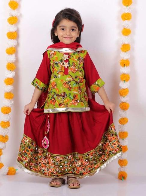 little bansi kids red & green cotton embellished kurta lehenga set
