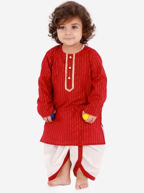 little bansi kids red cotton striped kurta set