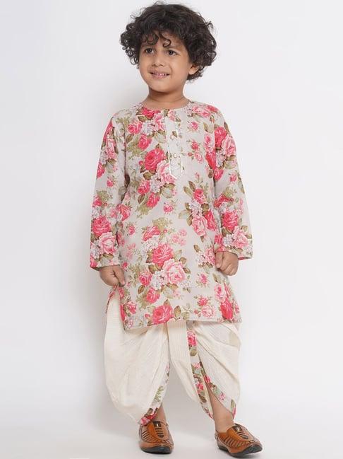 little bansi kids sage green & cream floral print kurta with dhoti