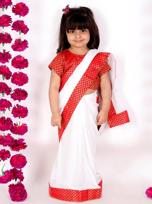 little bansi kids white & red printed saree with blouse
