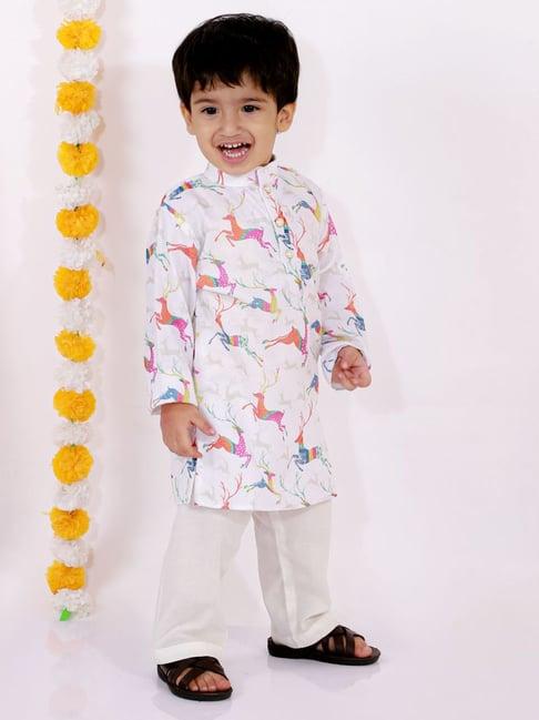 little bansi kids white cotton printed kurta set