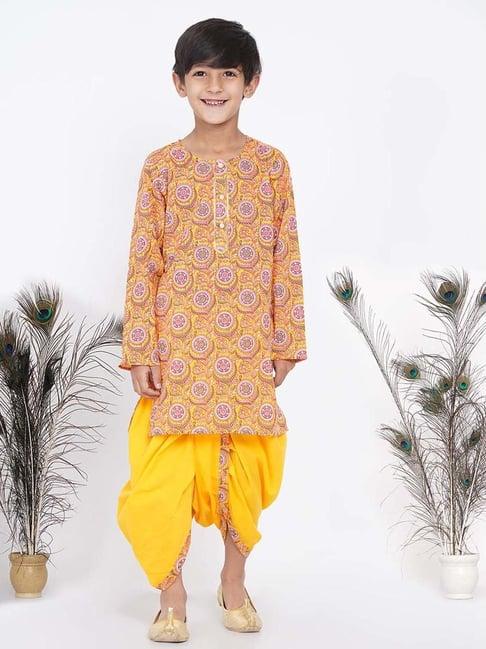 little bansi kids yellow & pink cotton floral print full sleeves kurta set