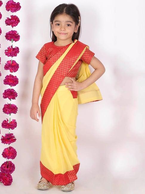 little bansi kids yellow & red printed saree with blouse