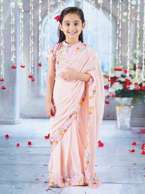 little bansi peach floral print saree with blouse