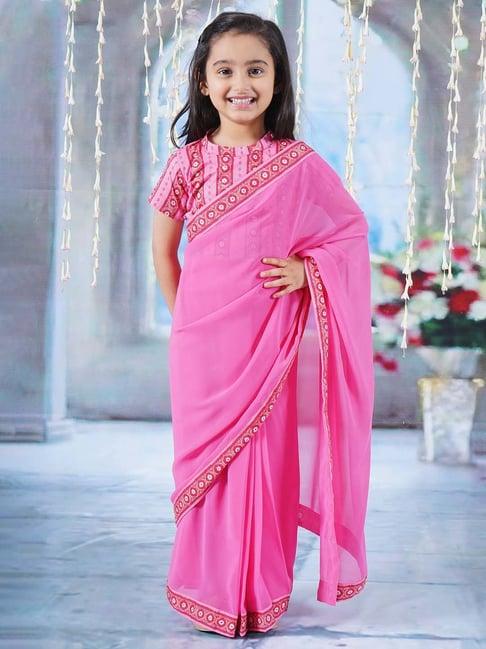 little bansi pink floral print saree with blouse
