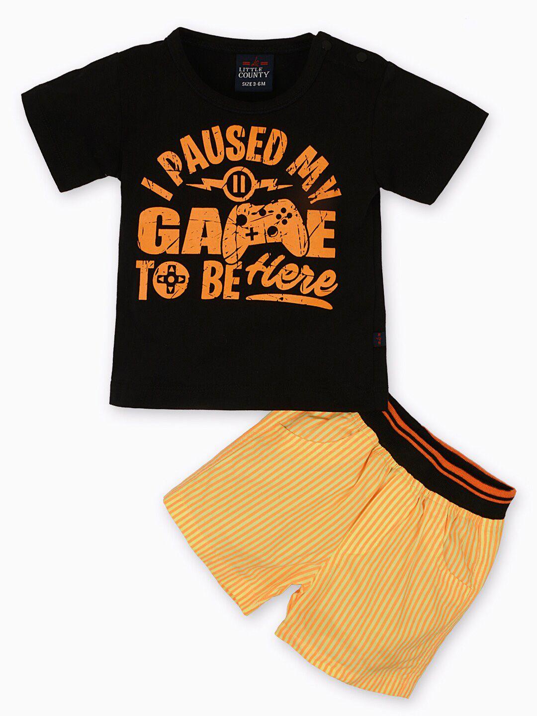 little county boys black and orange printed cotton t-shirt with shorts