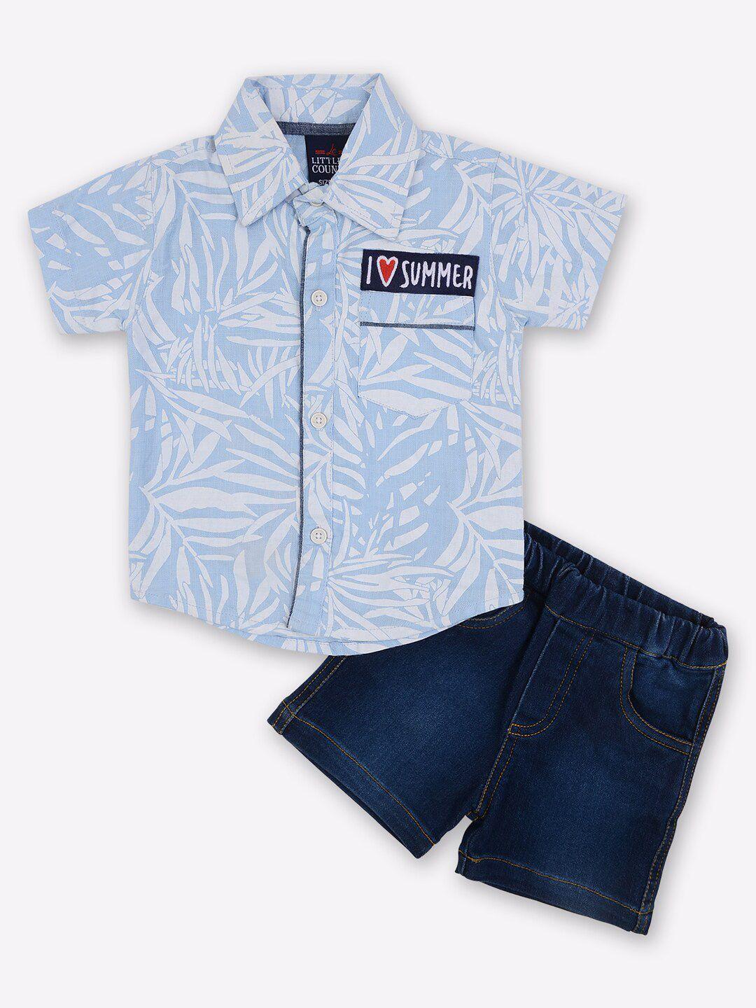 little county boys blue & off white pure cotton printed shirt with denim shorts