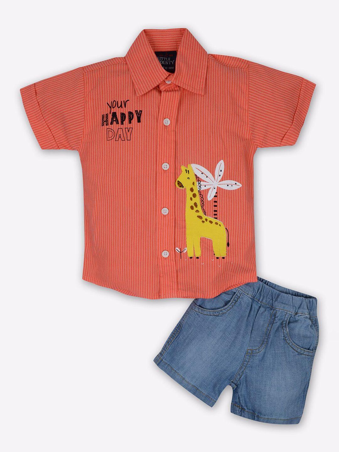 little county boys coral & blue printed cotton shirt with shorts