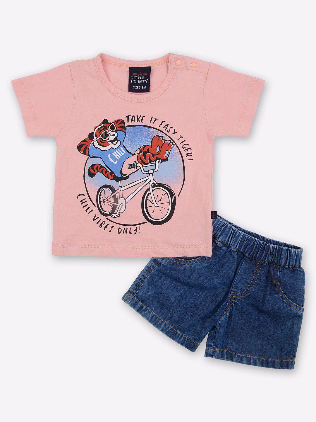 little county boys coral & blue printed pure cotton t-shirt with shorts