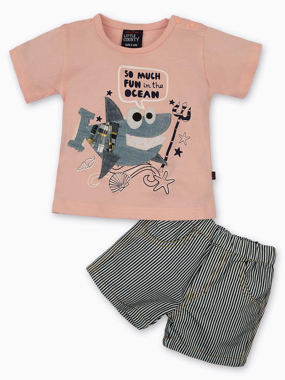 little county boys peach-coloured & black printed t-shirt with shorts