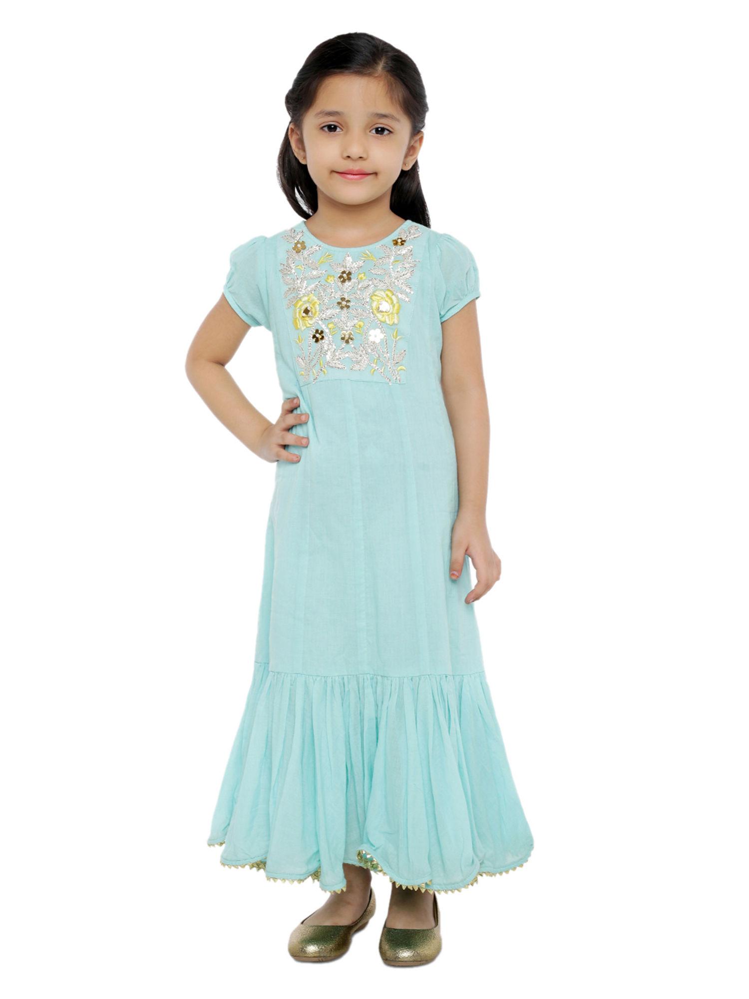 little drama cotton gown with embroidered front yoke -light blue