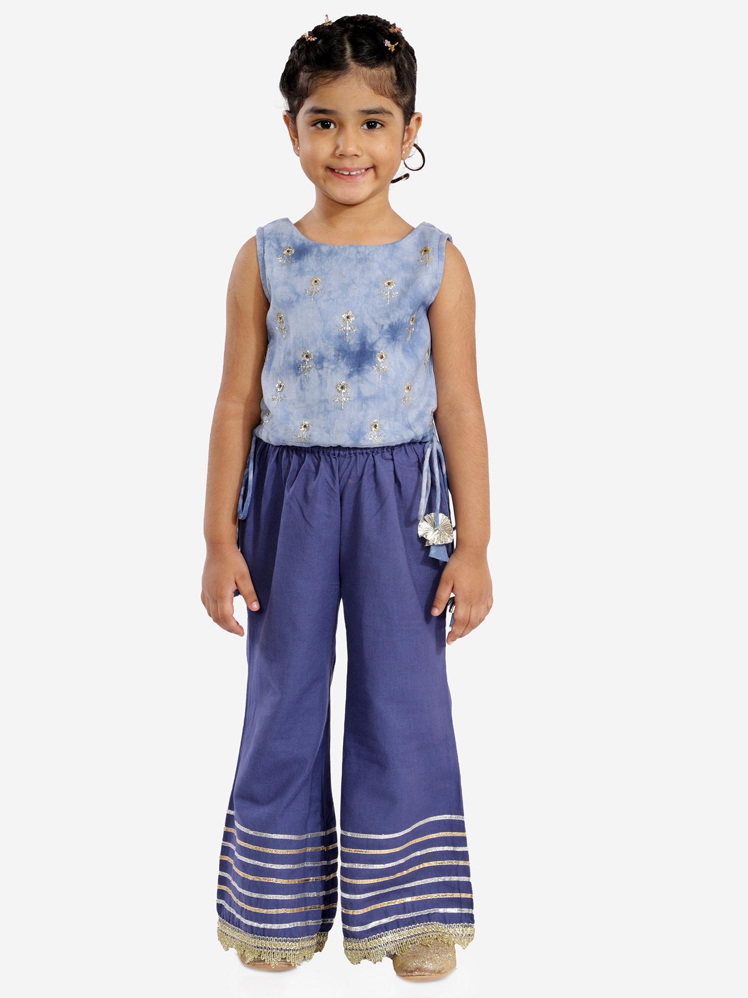little drama print with embr top & printed palazzos blue (set of 2)