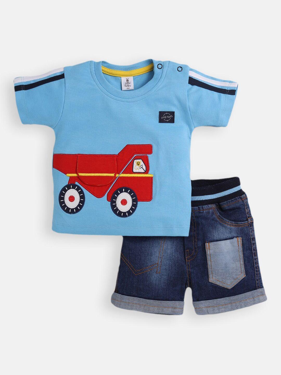 little folks boys blue printed cotton t-shirt & shorts set