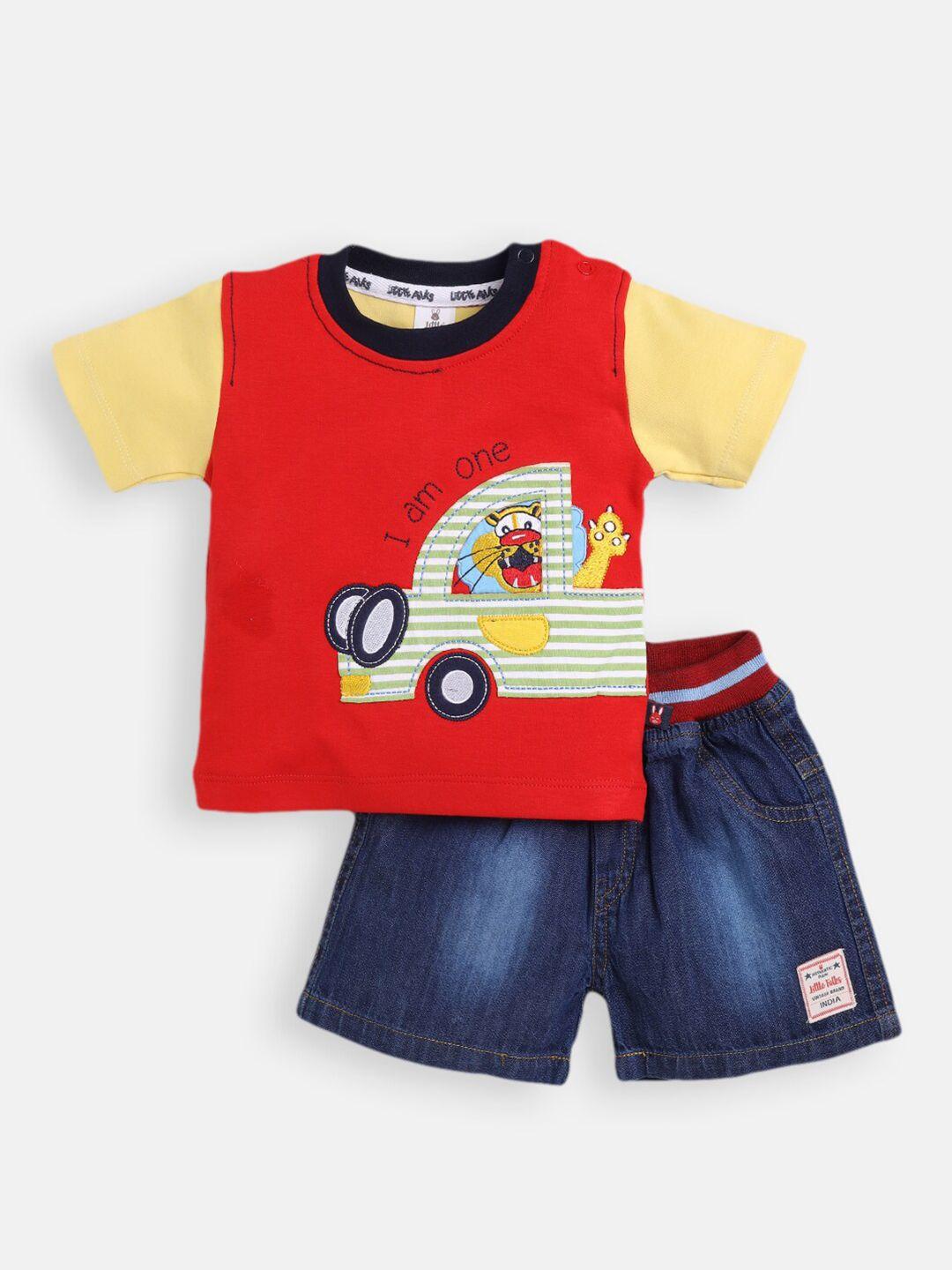 little folks boys red & navy blue printed pure cotton t-shirt with shorts