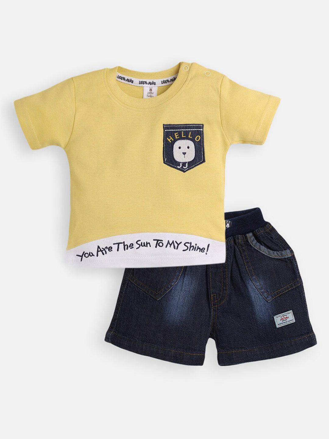 little folks boys yellow & white pure cotton embellished t-shirt with shorts