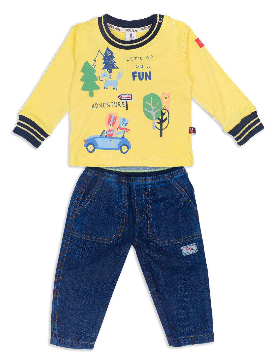 little folks kids yellow & blue printed t-shirt & trousers